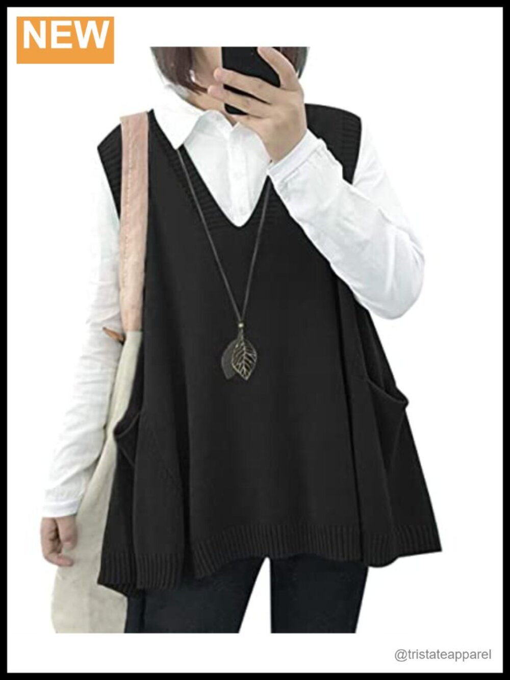 Cotton Oversized Sleeveless Swing Knit Sweater Vest with Drop Pockets